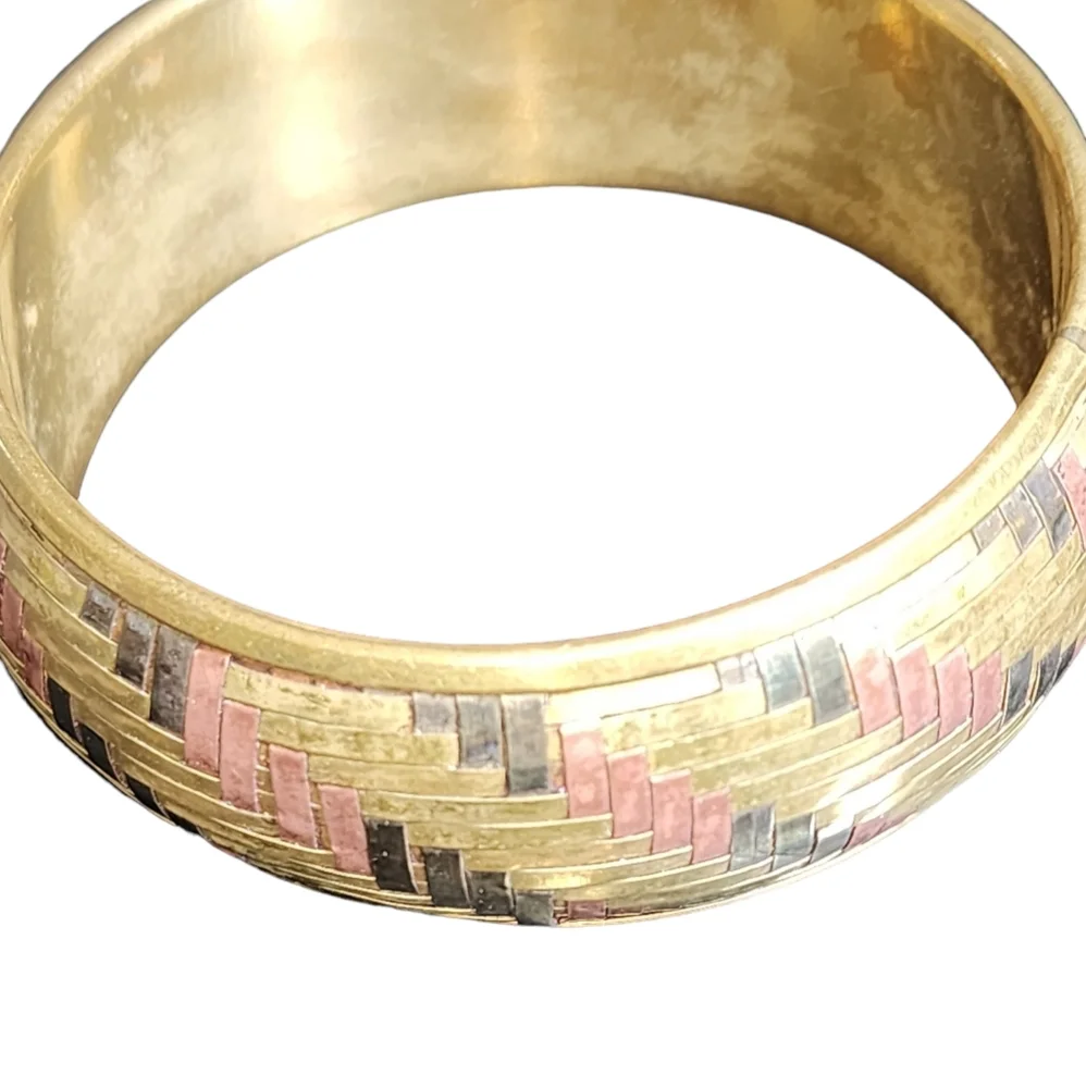 Vintage Boho Tri-Color Brass Copper & Silver Plated Basket Weave Bangle Bracelet